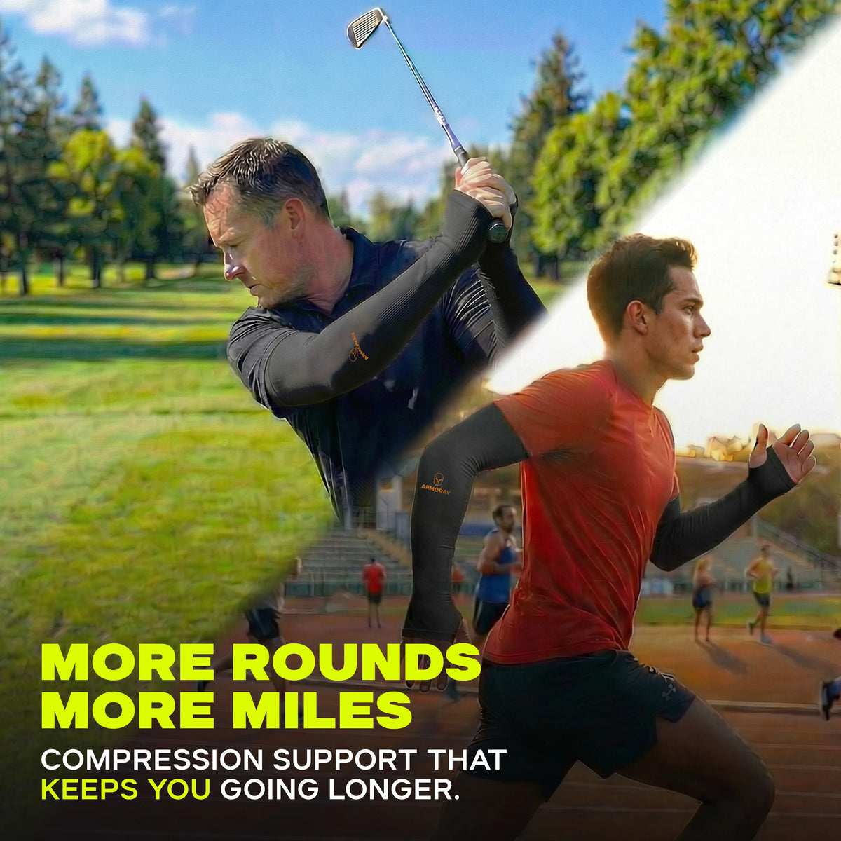 Two athletes—one golfing and another running on a track—wear Armoray® Thumbhole Arm Sleeves by ARMORAY, featuring black compression fabric with extended hand coverage and convenient thumbholes. The text highlights these sleeves’ compression support for enhanced athletic endurance and added sun protection during sports activities.