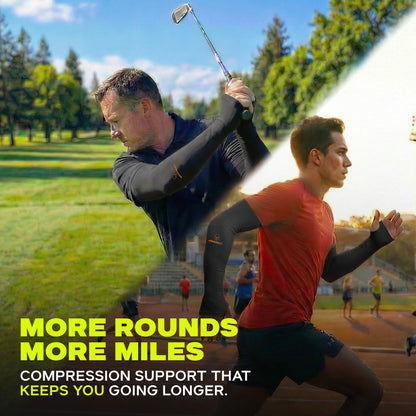 Two athletes—one golfing and another running on a track—wear Armoray® Thumbhole Arm Sleeves by ARMORAY, featuring black compression fabric with extended hand coverage and convenient thumbholes. The text highlights these sleeves’ compression support for enhanced athletic endurance and added sun protection during sports activities.