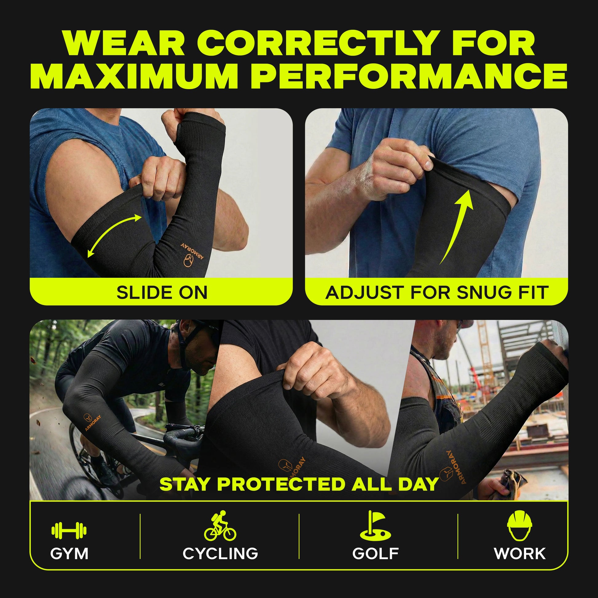Explore our step-by-step guide on how to wear Armoray® Thumbhole Arm Sleeves — Designed for Total Protection by ARMORAY. Learn the correct way to put them on and see usage examples for the gym, cycling, golf, and work. Discover how these versatile sleeves offer superior sun protection and extended hand coverage every day.