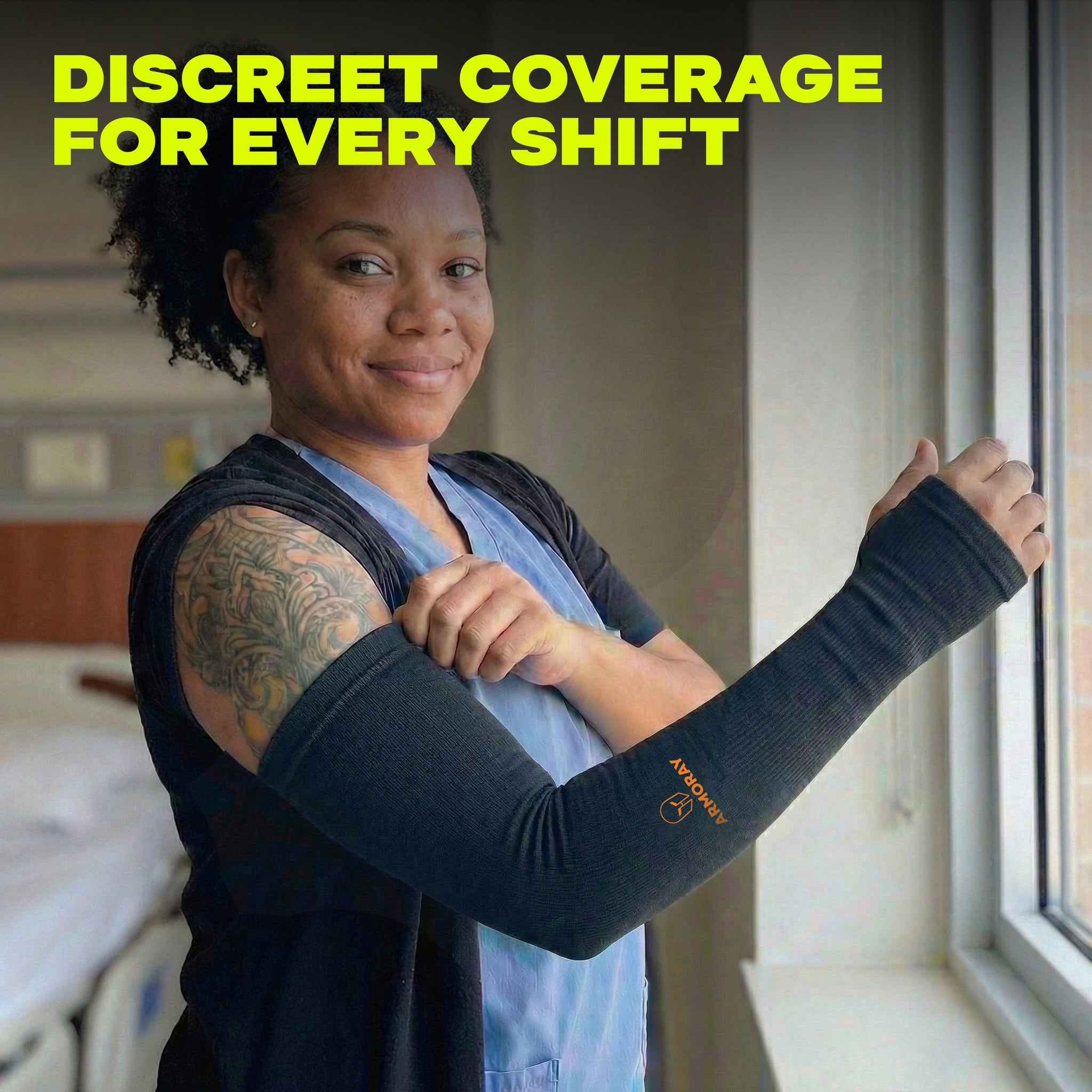 A nurse in scrubs smiles while putting on Armoray® Thumbhole Arm Sleeves by ARMORAY Basics. Text reads: "Designed for total protection and discreet, extended hand coverage every shift.