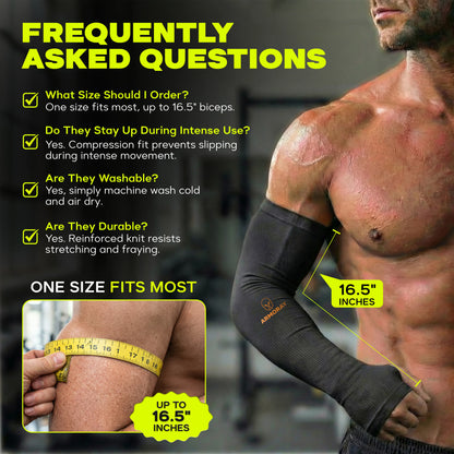 A man wearing Armoray® Thumbhole Arm Sleeves by ARMORAY in a gym; an infographic highlights features including one-size fit for biceps up to 16.5″, extended hand coverage for enhanced sun protection, durable and washable material, and a stay-put design ideal for workouts.