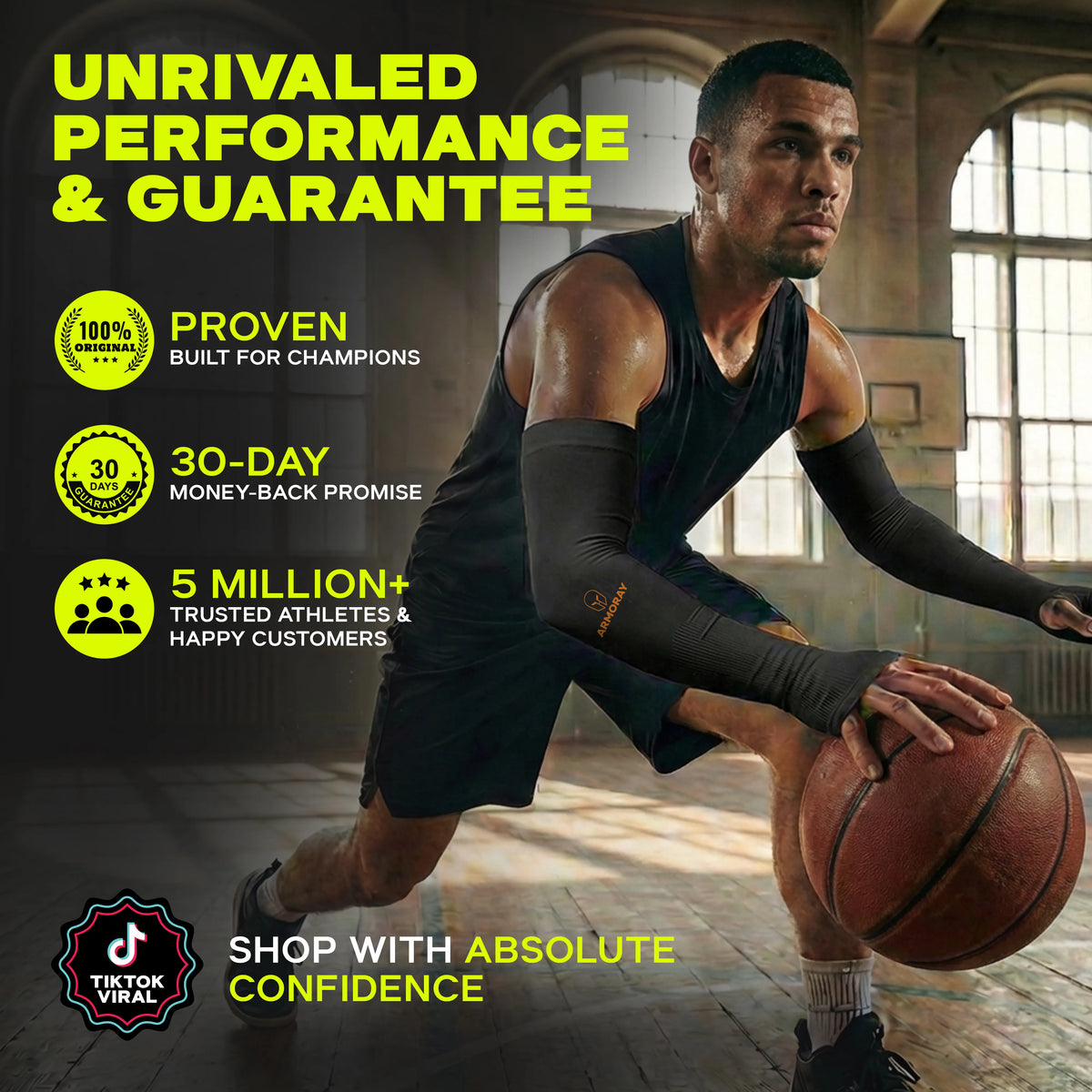 An indoor male basketball player dribbles while wearing Armoray® Thumbhole Arm Sleeves by ARMORAY, designed for total protection with extended hand coverage. The text emphasizes sun protection, a performance guarantee, a 30-day return policy, over 5 million satisfied customers, and viral popularity on TikTok.