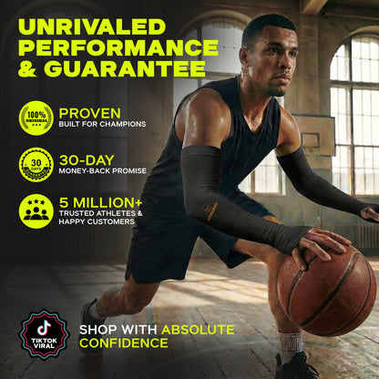 An indoor male basketball player dribbles while wearing Armoray® Thumbhole Arm Sleeves by ARMORAY, designed for total protection with extended hand coverage. The text emphasizes sun protection, a performance guarantee, a 30-day return policy, over 5 million satisfied customers, and viral popularity on TikTok.