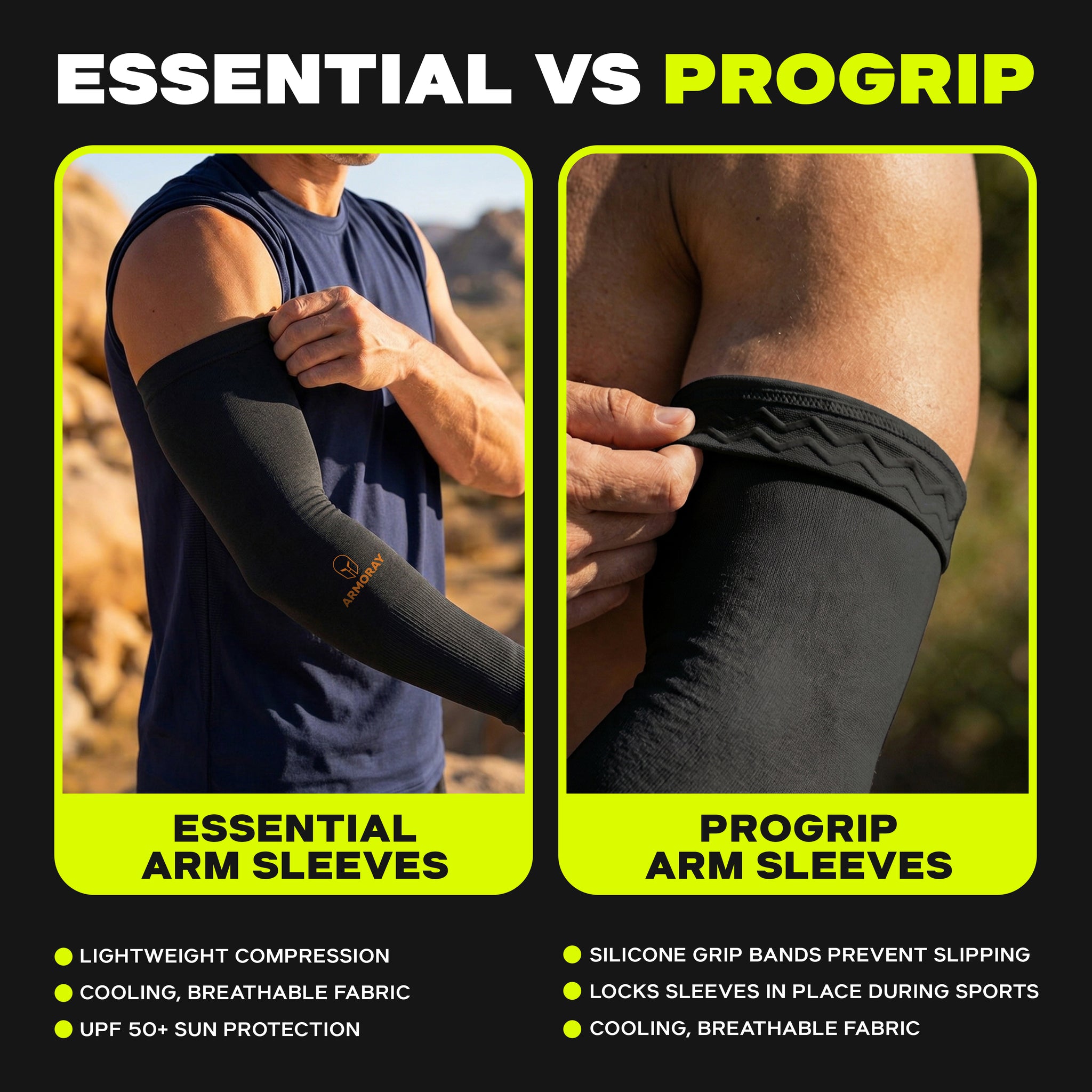 Compare Armoray® SecureFit™ Arm Sleeves by ARMORAY Basics, showcasing features like firm compression, UPF sun protection, cooling fabric, and a non-slip silicone grip to ensure sleeves stay put and enhance comfort during sports.