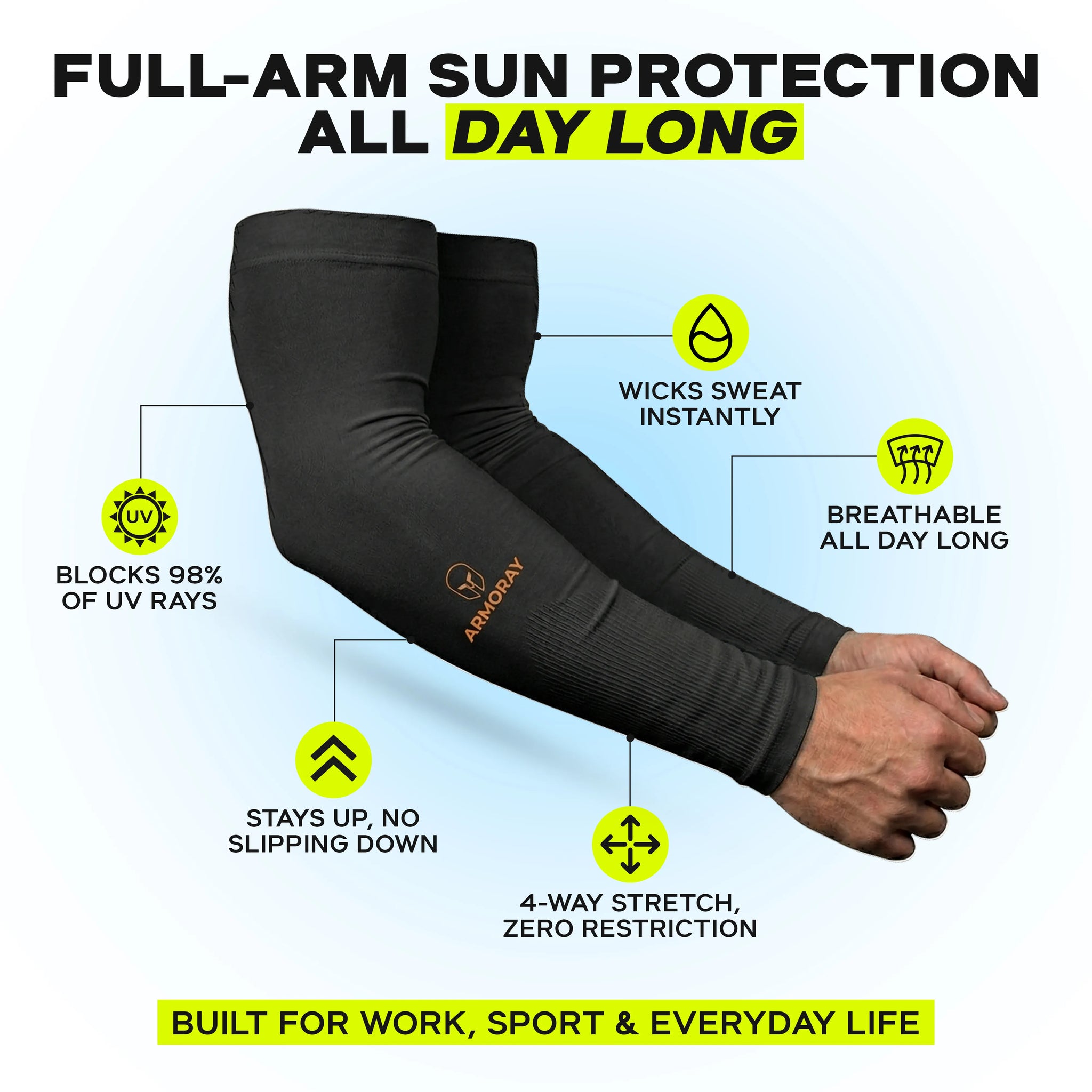 Upgrade your protection with two pairs of ARMORAY Armoray® Classic Arm Sleeves in black. Featuring advanced UV protection, sweat-wicking technology for added comfort, and breathable fabric to keep you cool, these sleeves offer a secure fit and 4-way stretch for unrestricted movement. Perfect for work, sports, or everyday use.