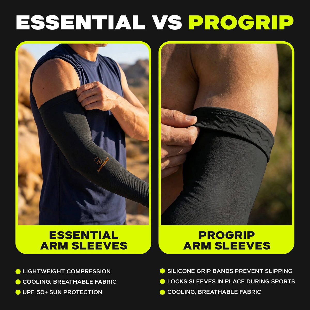 A comparison of two arm sleeves: Essential (left, no grip band) and ARMORAY® Silicone Grip SecureFit™ Arm Sleeves — Built to Stay Put (right, featuring a silicone grip band). Both offer cooling, breathable fabric with excellent sun protection and different silicone grip features.