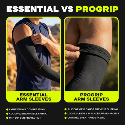 A comparison of two arm sleeves: Essential (left, no grip band) and ARMORAY® Silicone Grip SecureFit™ Arm Sleeves — Built to Stay Put (right, featuring a silicone grip band). Both offer cooling, breathable fabric with excellent sun protection and different silicone grip features.