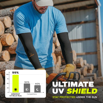A person uses a chainsaw outdoors while wearing black ARMORAY Armoray® Classic Arm Sleeves for UV protection. A chart illustrates that Armoray® Classic Arm Sleeves block 99% of UV rays, outperforming competitors at only 50% and 40%. Text reads: “Ultimate UV Shield.” Stay cool, comfortable, and protected all day with ARMORAY.
