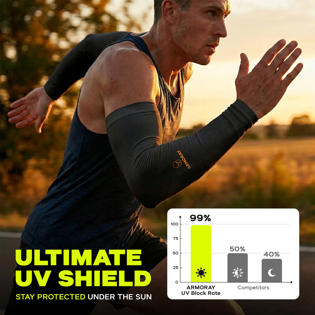 A man runs outdoors wearing ARMORAY Armoray® Silicone Grip SecureFit™ Arm Sleeves for superior sun protection. A chart in the corner shows these sleeves block 99% of UV rays, compared to just 50% and 40% for competitors. Featuring a secure silicone grip and unmatched coverage, these ARMORAY arm sleeves are the Ultimate UV Shield.