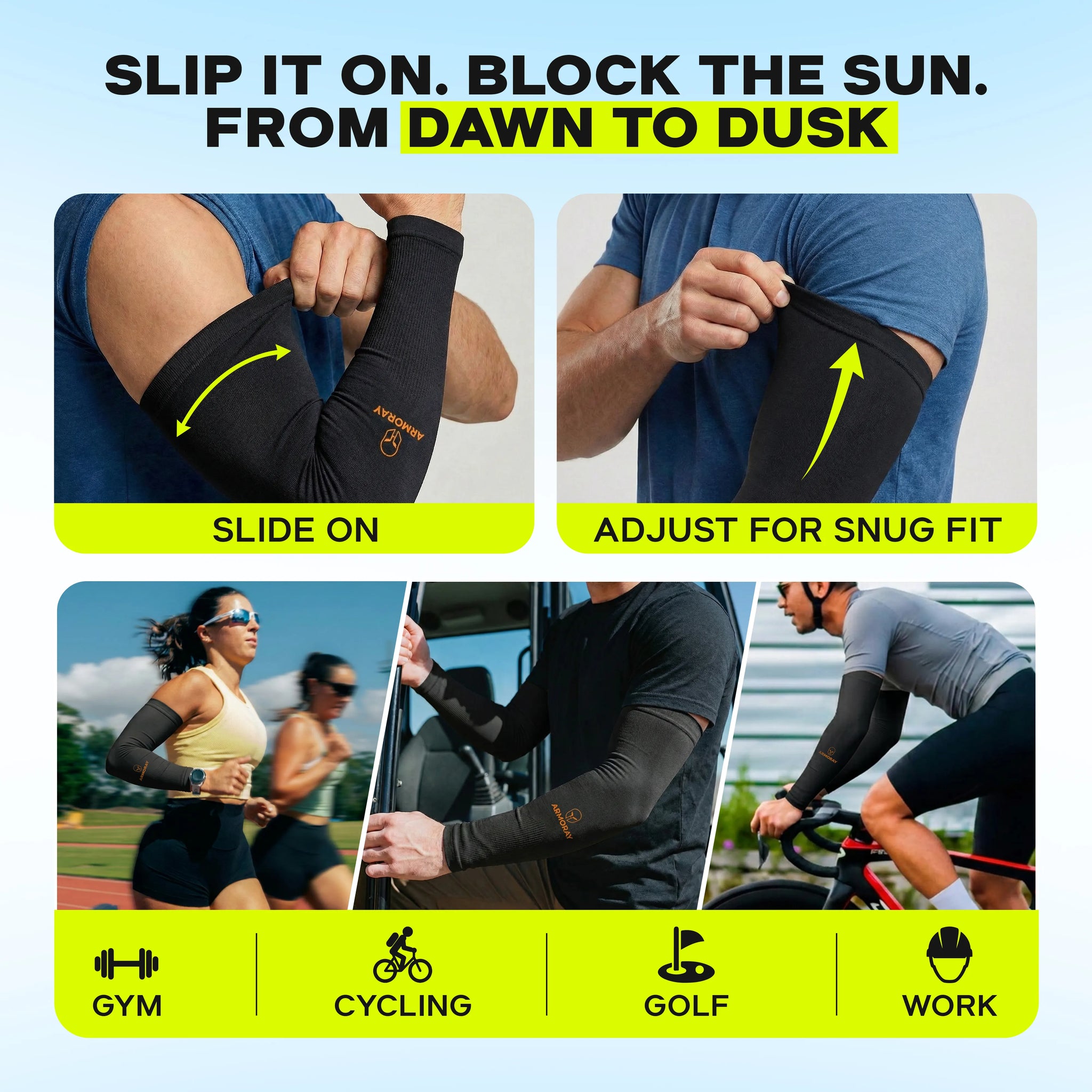 Runners, golfers, cyclists, and workers choose Armoray® Classic Arm Sleeves by ARMORAY for sun protection. These black sleeves easily slide on, are adjustable for a snug fit, and help you stay cool and comfortable so you feel protected during any activity.