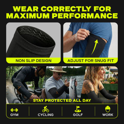 Armoray® Silicone Grip SecureFit™ Arm Sleeves by ARMORAY, featuring a non-slip design that stays put—shown being adjusted on a man’s arm and worn while cycling, fishing, and working outdoors. Activity icons include gym, cycling, golf, and work.