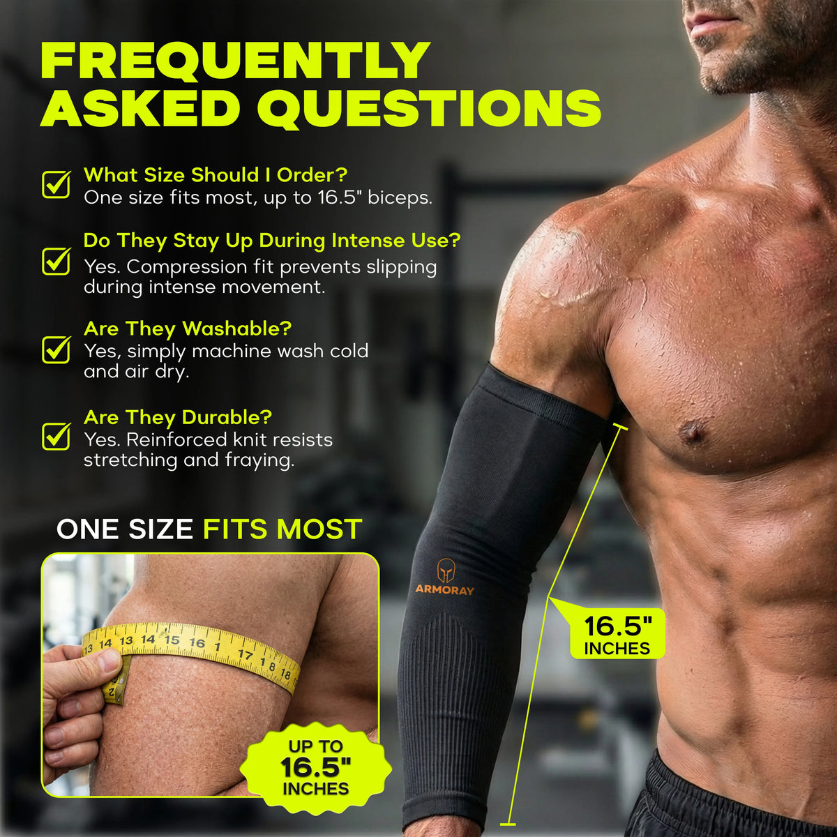 A man wears ARMORAY Armoray® Silicone Grip SecureFit™ Arm Sleeves — Built to Stay Put, a black sleeve designed for sun protection. Text provides FAQ about sizing (with a “one size fits most” highlight), the secure silicone grip that helps sleeves stay up, washability, and durability. A tape measure displays his 16.5-inch biceps.