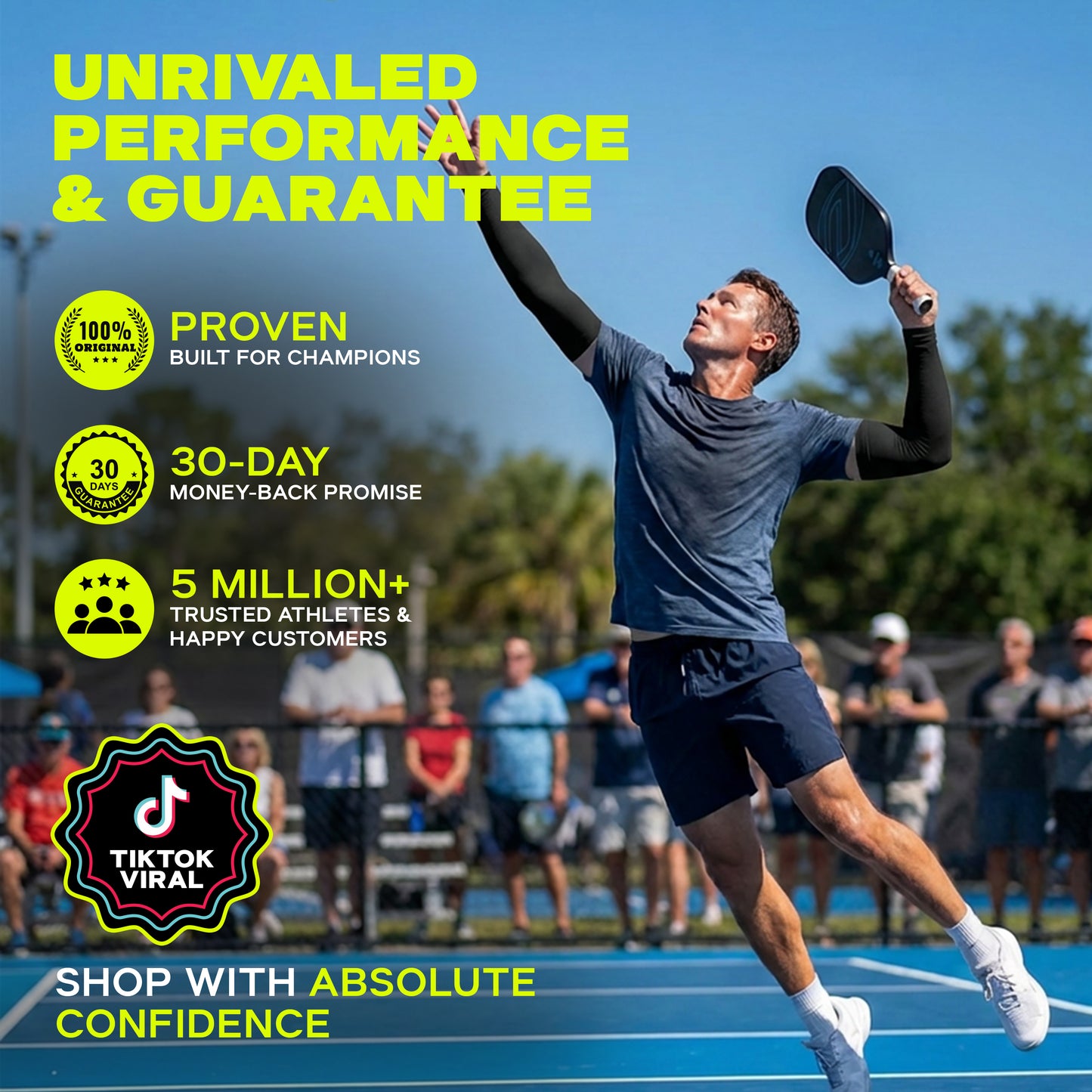 A male tennis player in Armoray® SecureFit™ Arm Sleeves—Built to Stay Put from ARMORAY Basics leaps for a shot on an outdoor court, with text highlighting SecureFit's stay-put guarantee and customer satisfaction.