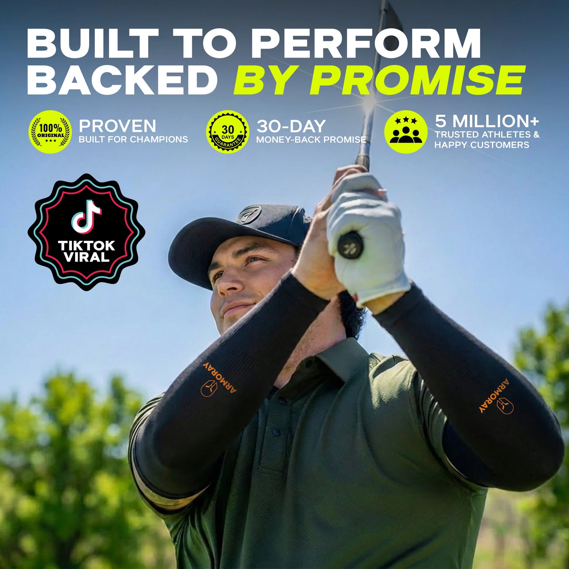A golfer wearing ARMORAY Armoray® Classic Arm Sleeves swings a club, staying cool, protected, and comfortable; featured text showcases benefits like a money-back guarantee, TikTok viral fame, and over five million satisfied customers.
