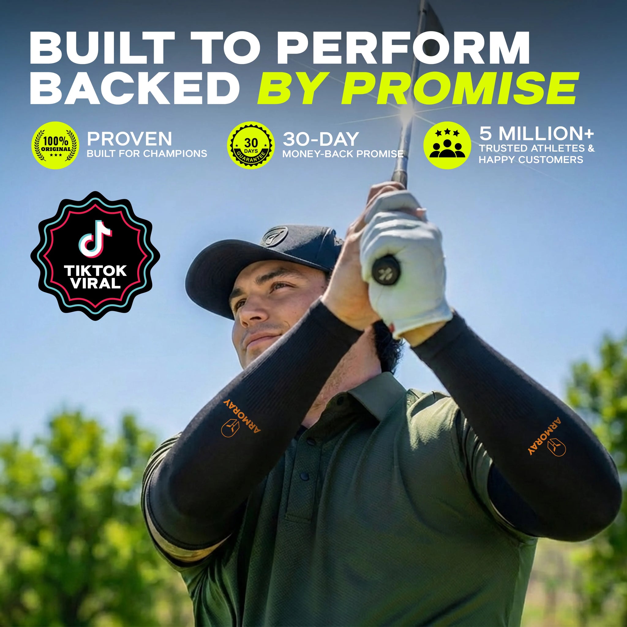 A golfer wearing ARMORAY Armoray® Classic Arm Sleeves swings a club, staying cool, protected, and comfortable; featured text showcases benefits like a money-back guarantee, TikTok viral fame, and over five million satisfied customers.