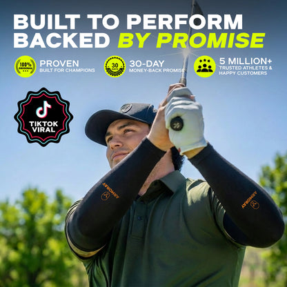A golfer wearing ARMORAY Armoray® Classic Arm Sleeves swings a club, staying cool, protected, and comfortable; featured text showcases benefits like a money-back guarantee, TikTok viral fame, and over five million satisfied customers.