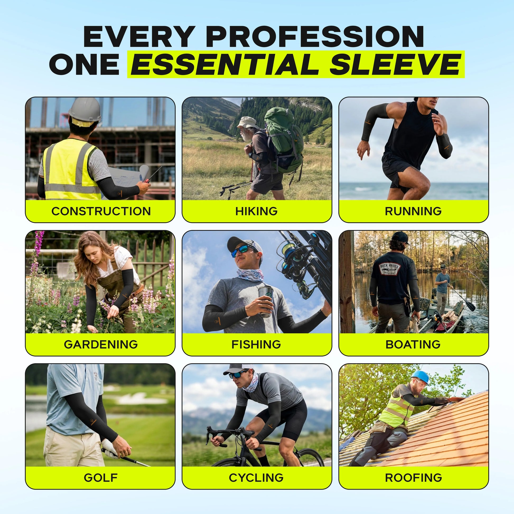 A grid of nine images displays people engaged in activities such as construction, hiking, running, gardening, fishing, boating, golf, cycling, and roofing—all wearing ARMORAY Armoray® Classic Arm Sleeves to stay cool and comfortable while remaining protected.