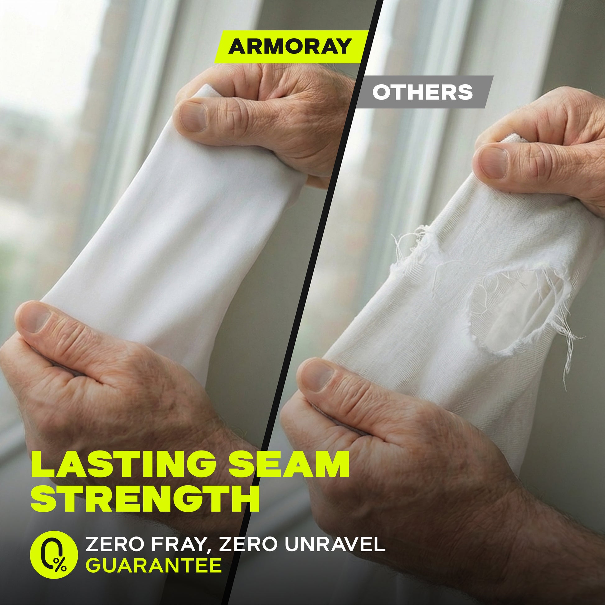 Split image compares arm sleeves: left, "ARMORAY Basics" Armoray® Thumbhole Arm Sleeves—Designed for Total Protection, stays intact at seam with extended hand coverage; right, "OTHERS," tears easily. Highlights superior strength and coverage.