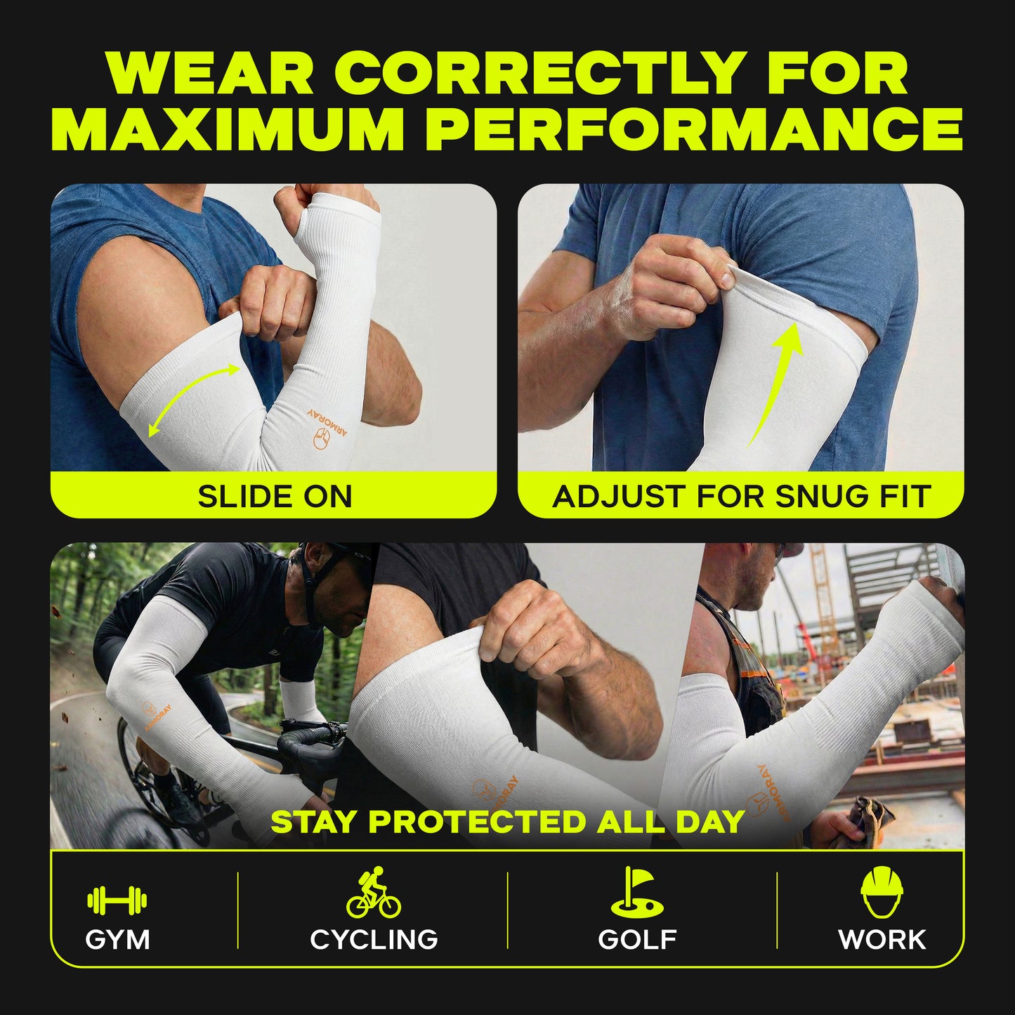 Instructional collage shows a man sliding on and adjusting Armoray® Thumbhole Arm Sleeves by ARMORAY Basics, with captions on proper use for gym, cycling, golf, work, plus tips for extended hand coverage and better sun protection.