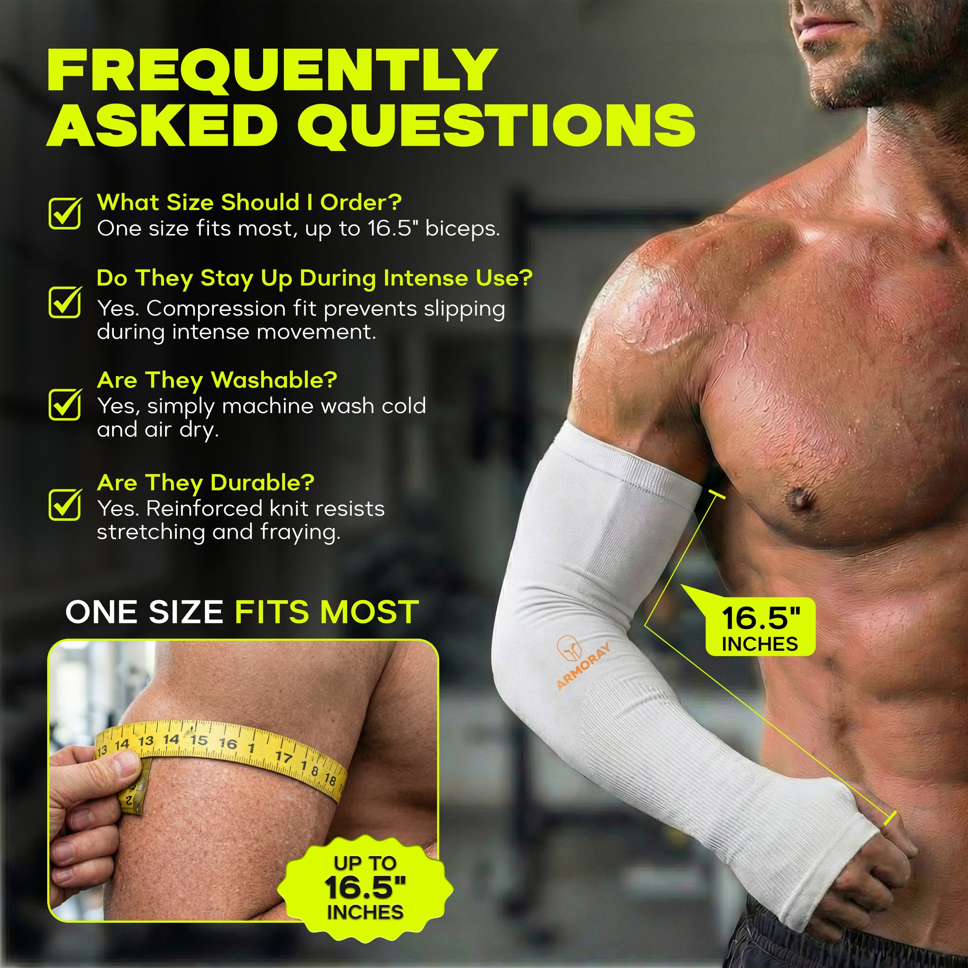 A muscular man wears ARMORAY Basics Armoray® Thumbhole Arm Sleeves, designed for total protection; fits arms up to 16.5", offers sun protection, stays up securely, is washable, and highly durable per FAQ.
