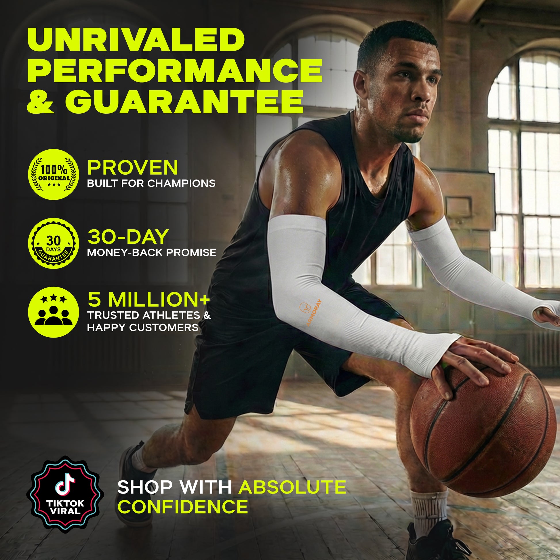 An indoor basketball player in black sports Armoray® Thumbhole Arm Sleeves by ARMORAY Basics; overlay text showcases total protection, a money-back guarantee, and trust from over 5 million satisfied customers.