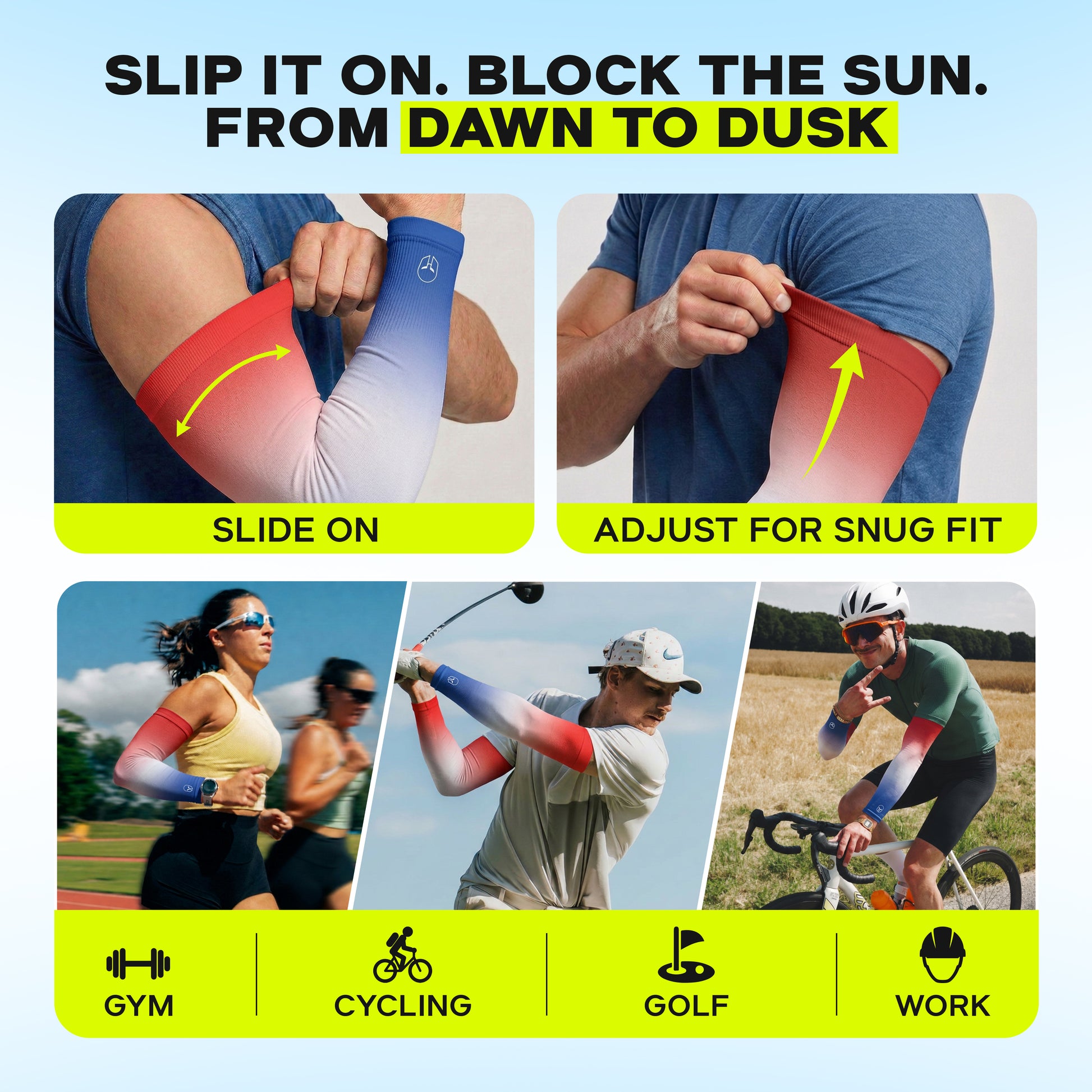 People wearing ARMORAY’s Ombré Collection UPF 50+ arm sleeves—featuring vibrant, colorful designs—as they slide them on, adjust for a perfect fit, and use them during gym sessions, cycling, golf, and at work to enjoy dependable sun protection.