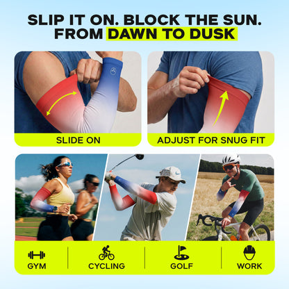 People wearing ARMORAY’s Ombré Collection UPF 50+ arm sleeves—featuring vibrant, colorful designs—as they slide them on, adjust for a perfect fit, and use them during gym sessions, cycling, golf, and at work to enjoy dependable sun protection.