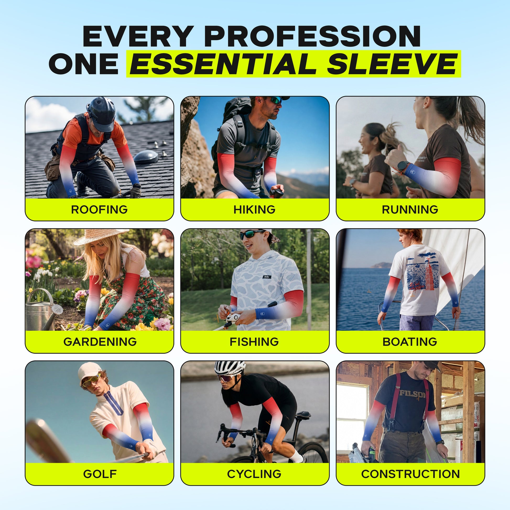 A grid of people engaged in various outdoor activities—roofing, hiking, running, gardening, fishing, boating, golf, cycling, and construction—all wearing ARMORAY’s Ombré Collection compression sleeves with a colorful design, no-slip band, and UPF 50+ UV protection.