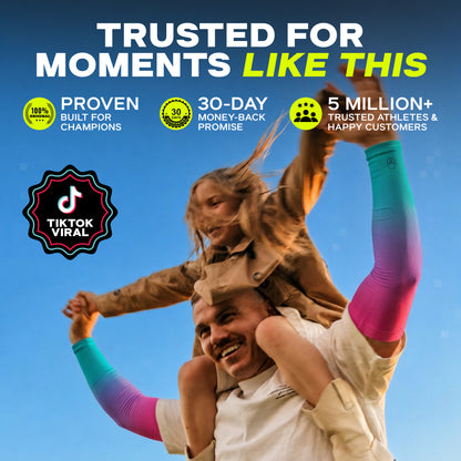 A man carries a child on his shoulders outdoors. Both are wearing ARMORAY’s Ombré Collection arm sleeves for stylish UV protection. Promotional text highlights UPF 50+ rating, advanced features of the Ombré Collection, and high customer satisfaction.