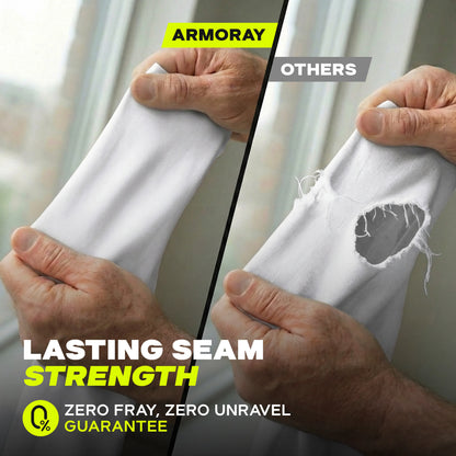 Two images compare hands stretching two fabrics: the left (“Faith Series” by ARMORAY) shows an intact seam, while the right (“Others”) reveals a torn hole along the seam. Text highlights lasting seam strength—ideal for no-slip arm sleeve performance and UPF 50+ sun protection.