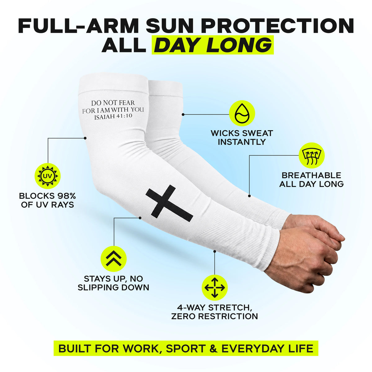 Two arms wear white ARMORAY Faith Series sun-protection sleeves featuring black cross designs and Isaiah 41:10 scripture. Labeled text boxes highlight features and benefits such as UPF 50+ sun protection and a no-slip arm sleeve fit.