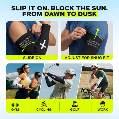 ARMORAY’s Faith Series sports sleeves, highlighted in the visuals as being worn and adjusted, showcase scripture-inspired designs and provide UPF 50+ sun protection, making them ideal for activities like gym workouts, cycling, golf, and work—features depicted through images and icons in the lower section.
