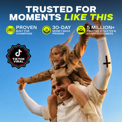 A smiling man gives a young girl a piggyback ride outdoors, both enjoying the sunshine. Overlay text promotes the ARMORAY Faith Series, featuring UPF 50+ sun protection and moisture wicking, with trust badges and a “TikTok Viral” mention.