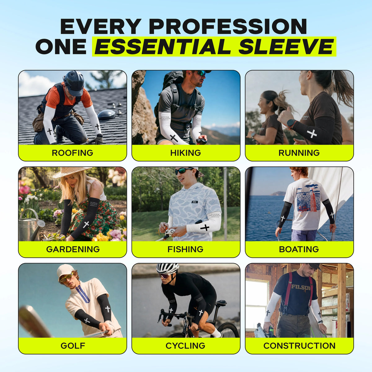 Grid of nine photos featuring people engaged in outdoor activities—including roofing, hiking, running, gardening, fishing, boating, golf, cycling, and construction—all wearing ARMORAY’s Faith Series black arm sleeves with UPF 50+ sun protection to provide comfort and shield from harmful rays.