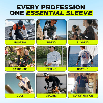Grid of nine photos featuring people engaged in outdoor activities—including roofing, hiking, running, gardening, fishing, boating, golf, cycling, and construction—all wearing ARMORAY’s Faith Series black arm sleeves with UPF 50+ sun protection to provide comfort and shield from harmful rays.