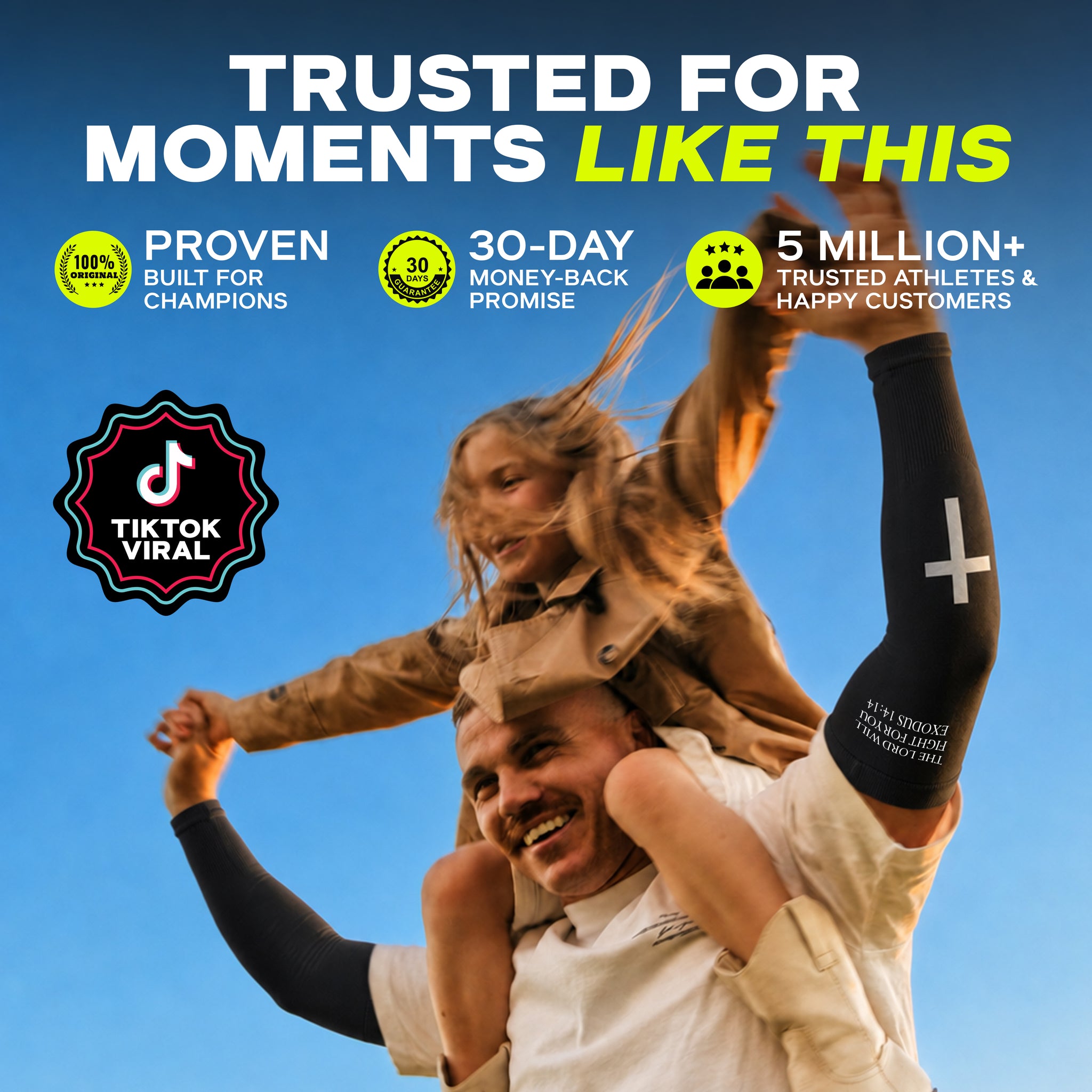 A man wearing ARMORAY Faith Series black UPF 50+ sun protection compression sleeves lifts a smiling child onto his shoulders outdoors. Text on the image highlights Faith Series features and celebrates customer satisfaction.