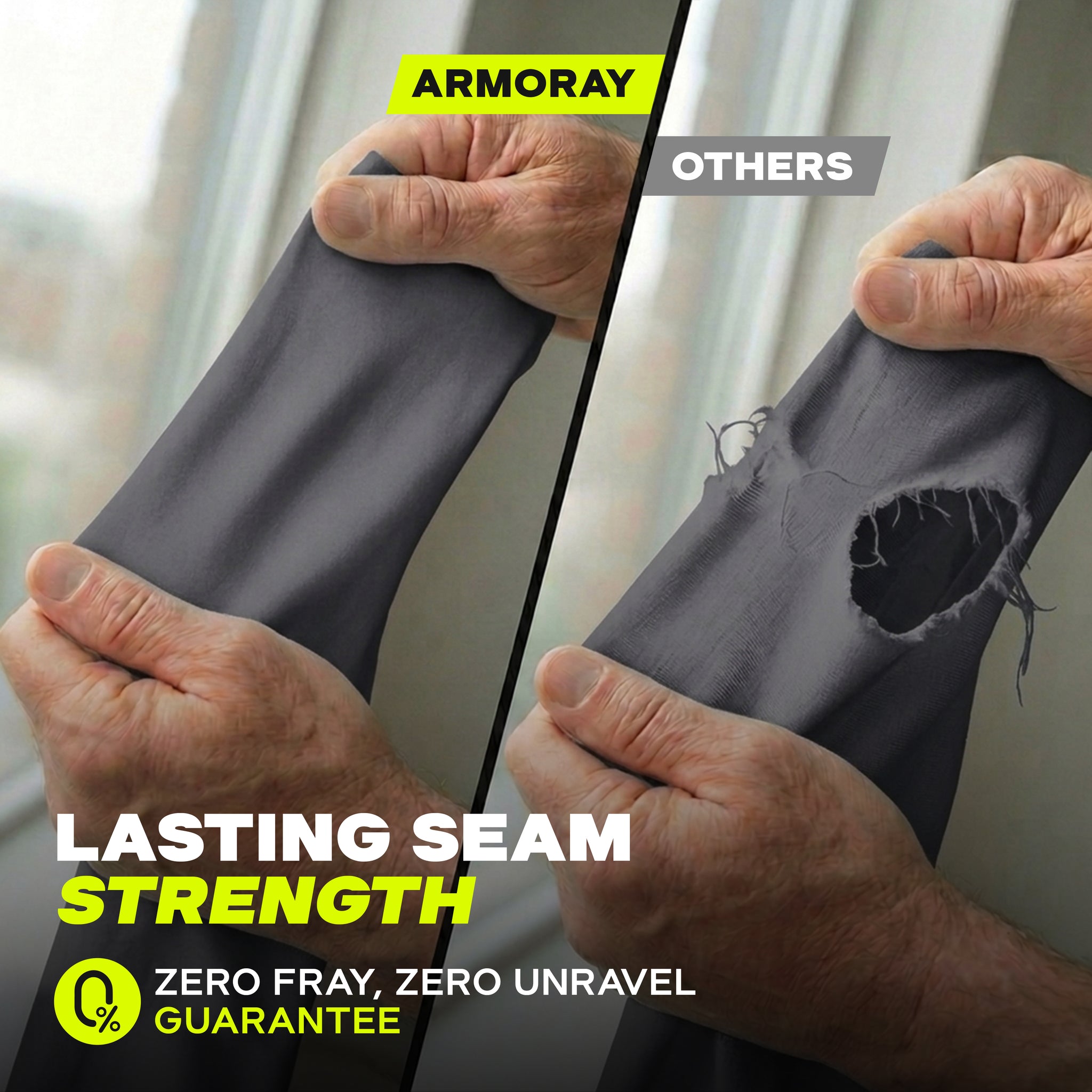 Split image compares two fabrics under tension: on the left, ARMORAY's Faith Series fabric remains intact and is labeled "ARMORAY Faith Series"; on the right, a competitor fabric tears, labeled "OTHERS." Text reads: "Enduring seam strength. No fray, no unravel—guaranteed." Includes UPF 50+ sun protection and a no-slip arm sleeve for confidence that lasts all day.