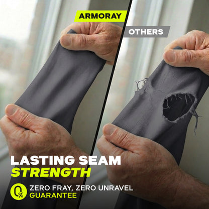 Split image compares two fabrics under tension: on the left, ARMORAY's Faith Series fabric remains intact and is labeled "ARMORAY Faith Series"; on the right, a competitor fabric tears, labeled "OTHERS." Text reads: "Enduring seam strength. No fray, no unravel—guaranteed." Includes UPF 50+ sun protection and a no-slip arm sleeve for confidence that lasts all day.