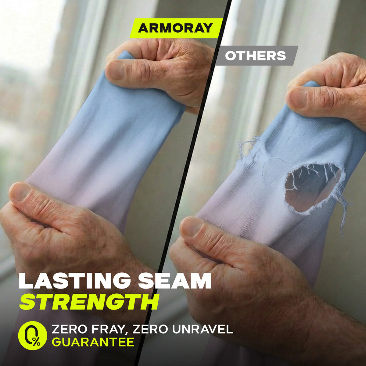 A person pulls on fabric in two images: one stays intact, labeled “ARMORAY Gradient Arm Sleeves,” while the other, labeled “OTHERS,” has a large tear. Text emphasizes ARMORAY’s lasting seam strength and zero fray guarantee, showing why ARMORAY Gradient Arm Sleeves are built to last where others fail.
