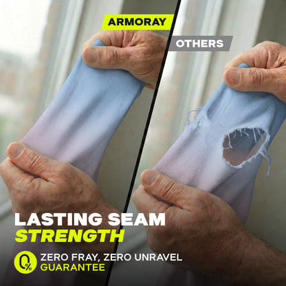 A person pulls on fabric in two images: one stays intact, labeled “ARMORAY Gradient Arm Sleeves,” while the other, labeled “OTHERS,” has a large tear. Text emphasizes ARMORAY’s lasting seam strength and zero fray guarantee, showing why ARMORAY Gradient Arm Sleeves are built to last where others fail.