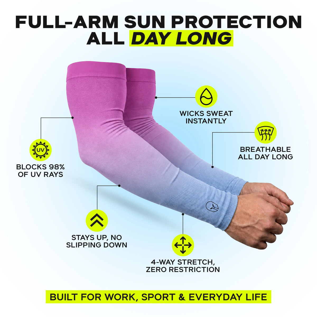 Two arms sporting ARMORAY Gradient Arm Sleeves in a pink-to-blue ombré, showcasing features like UPF 50+ UV protection, breathability, sweat-wicking fabric, no-slip design, and 4-way stretch. Text: “Built for work, sport & everyday life.”.