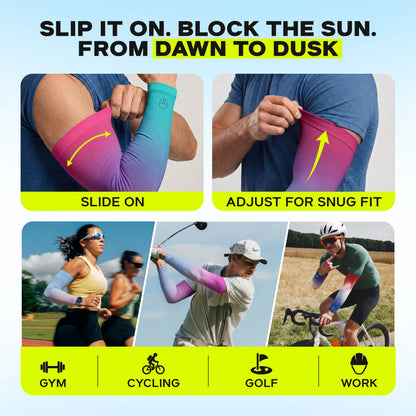 Collage featuring people wearing ARMORAY Gradient Arm Sleeves (UPF 50+) at the gym, cycling, golfing, and working outdoors; includes steps for sliding on and adjusting the no-slip sleeves.
