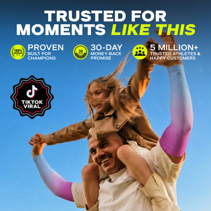 A man wearing ARMORAY Gradient Arm Sleeves with colorful UPF 50+ protection carries a smiling child on his shoulders outdoors. Promotional text highlights ARMORAY’s proven quality, a 30-day guarantee, TikTok fame, and over five million satisfied customers.