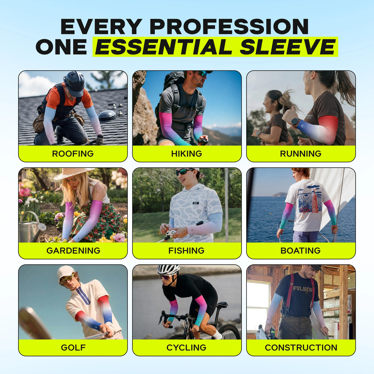 A photo grid of nine images features individuals in a variety of professions and outdoor activities—including roofing, hiking, running, gardening, fishing, boating, golf, cycling, and construction—all sporting ARMORAY Gradient Arm Sleeves. Each person is shown wearing the colorful UPF 50+ sleeves, highlighting how these UV protection sleeves from ARMORAY provide comfortable coverage for diverse tasks under the sun.