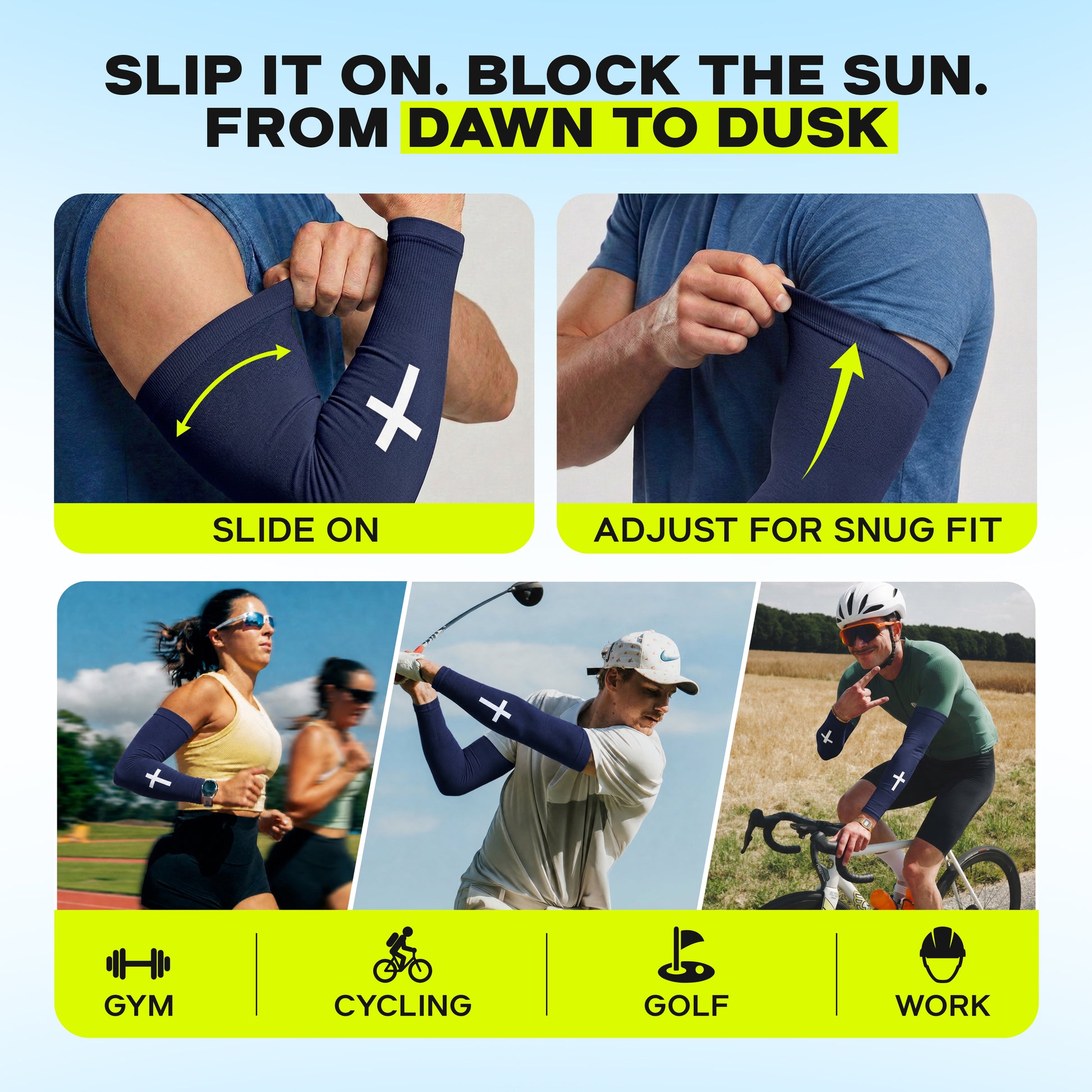 A collage shows people sliding on, adjusting, and wearing ARMORAY Faith Series UPF 50+ sun protection arm sleeves—including a no-slip design—while at the gym, cycling, golfing, and working outdoors. Icons represent each activity.