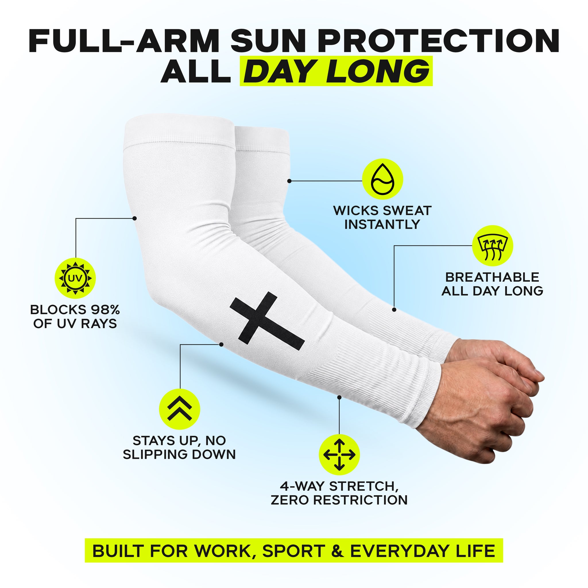 ARMORAY Faith Series UPF 50+ sun protection sleeves in white displayed on crossed arms, with icons showcasing UV protection, sweat-wicking tech, breathability, secure fit, and 4-way stretch. Text: "Built for work, sport & everyday life." Engineered as a no-slip arm sleeve by ARMORAY for lasting comfort all day long.