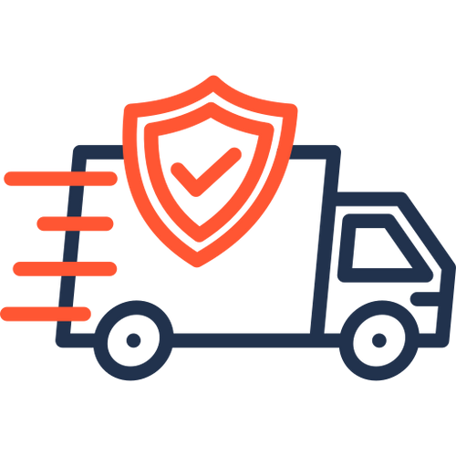 Simple illustration of a delivery truck with motion lines and a shield with a check mark, representing ARMORAY Shipping Protection — $2.99 for fast, secure shipping and order protection against loss or theft.