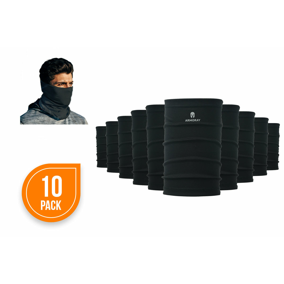 Ten black PERFORMANCE TEK BANDANA masks by ARMORAY Basics are shown in rows, with an inset of one worn over the nose and mouth. An orange "10 Pack" label highlights their use as sweat-wicking headbands or performance bandanas.