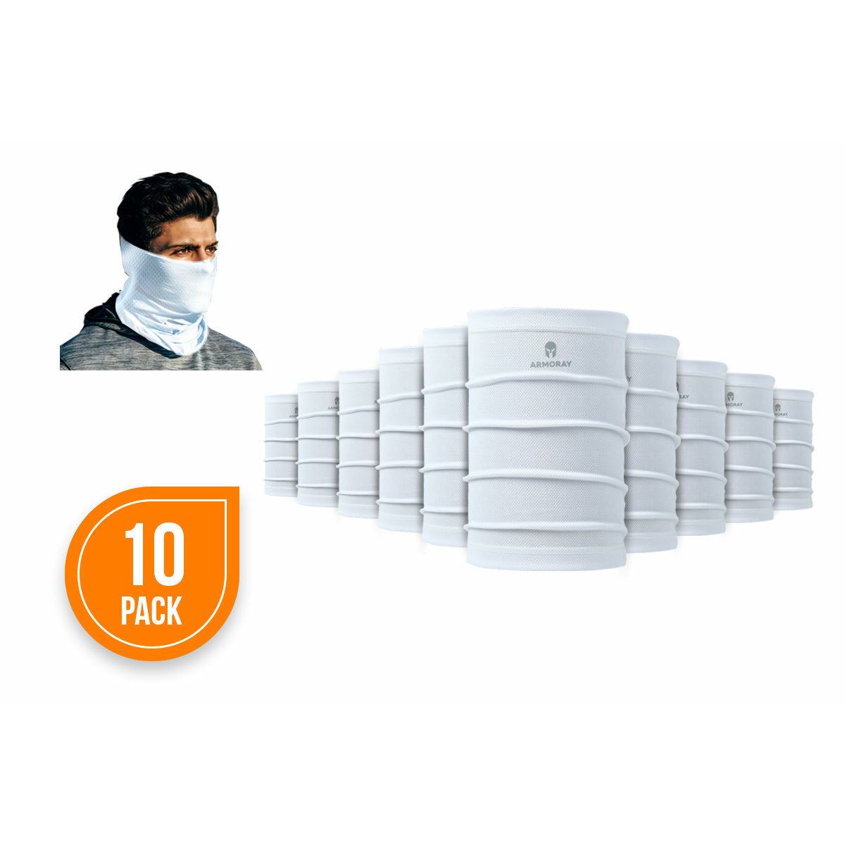 Ten ARMORAY Basics PERFORMANCE TEK BANDANA gaiter face masks are arranged in rows, with an inset of someone wearing one and an orange "10 pack" label displayed.