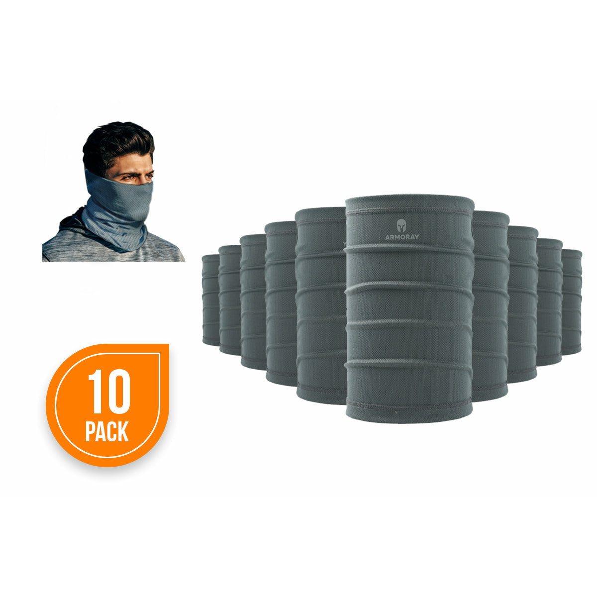 Ten gray ARMORAY Basics PERFORMANCE TEK BANDANAS are displayed, with one modeled by a man. An orange label shows it's a 10-pack, ideal as performance bandanas or sweat-wicking headbands for active use.